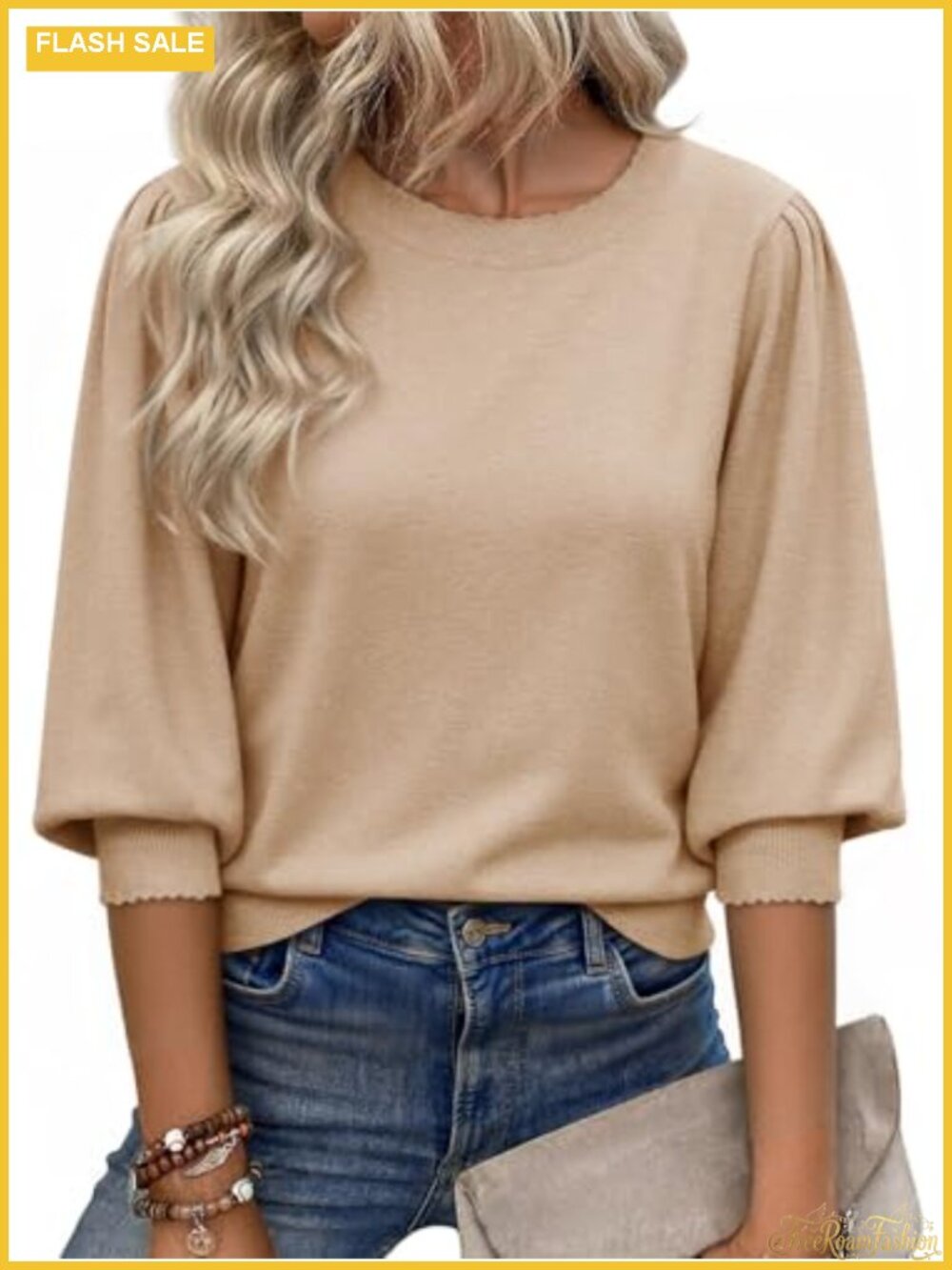 Women's 3/4 Puff Sleeve Sweater Casual Knit Pullover Crew Neck Scallop Trim